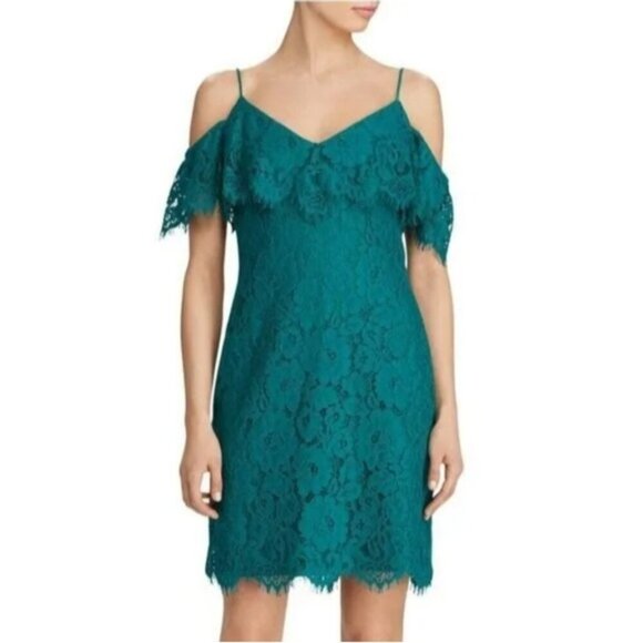Ralph Lauren Lace Ruffle Off Cold Shoulder Dress Emerald Green Knee Length Party - Picture 14 of 14